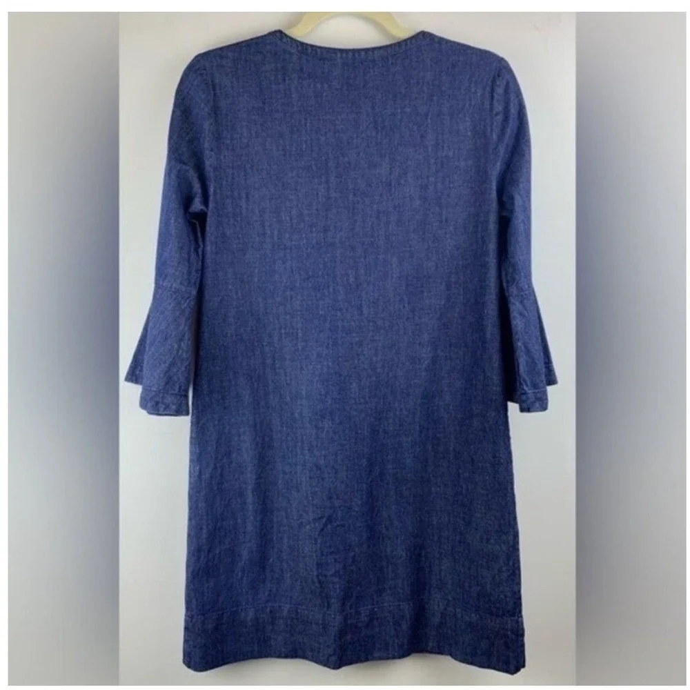Draper James Chambray Shift Mini Dress Ruffle‎ Detail Dark Wash 3/4 Sleeve Sz 0 - Picture 3 of 11